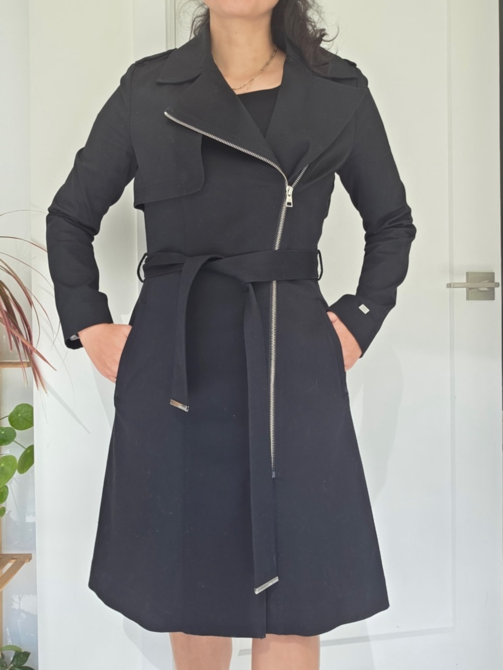 Soia and Kyo Asymmetric Zip Black Trench Coat with Belt